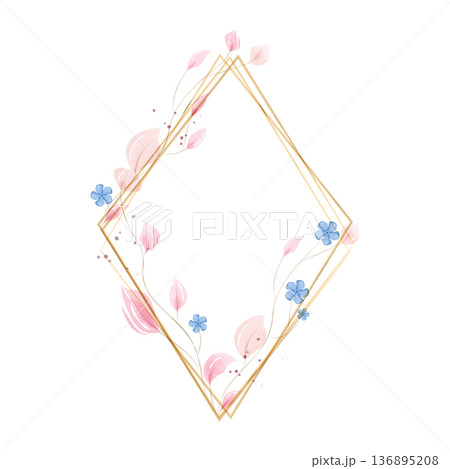 Decorative diamond frame created with golden lines and soft watercolor elements. Decorative diamond frame created with golden lines and soft watercolor elements. 136895208