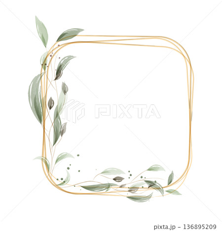 An elegant gold frame with rounded corners is embellished with delicate green and gray watercolor leaves and subtle dot accents. 136895209