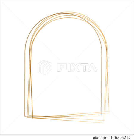Delicate golden watercolor lines form an elegant layered arch frame. The multiple lines create a subtle depth and a sleek, modern border element. It stands out gracefully on a clean white background. 136895217