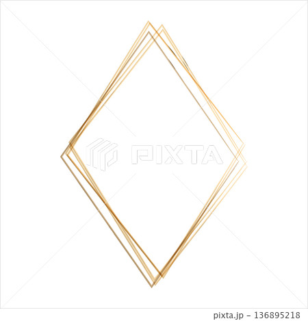 Stacked golden watercolor diamond frame presents delicate lines. Multiple transparent golden hues overlap on a clean white background, creating a modern decorative design element. 136895218