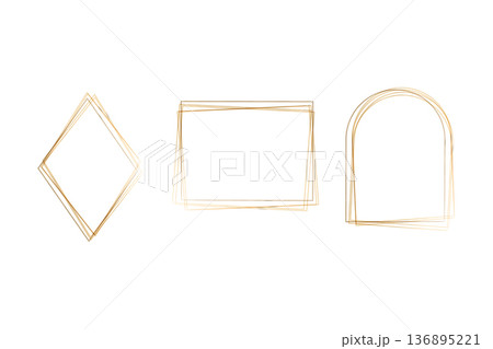 Elegant golden watercolor frames on a pristine white background. A set of three distinct shapes includes a diamond, a rectangle, and an arch, each defined by delicate, overlapping lines. Elegant golden watercolor frames on a pristine white background. A set of three distinct shapes includes a diamond, a rectangle, and an arch, each defined by delicate, overlapping lines. 136895221