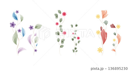 Artistic watercolor illustrations of decorative floral sprigs. Three distinct arrangements feature slender stems adorned with soft colored leaves and small flowers. 136895230