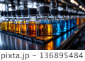 Laboratory Bottles with Colored Liquids, Reflective Surface and 136895484