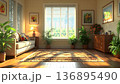 Cozy Living Room with Sunlight, Plants, and Decorative Artwork. 136895490