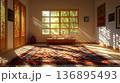 Sunlit Room with Intricate Wooden Doors and Oriental Rug 136895493