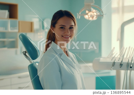 Female dentist standing in a clean dental clinic, looking at the camera and smiling, showing professionalism and approachability 136895544