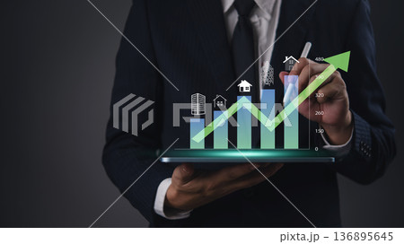 Real estate investor growth arrow on property market bar chart. Planning for financial success and profit from housing investment. Business strategy with data analysis for asset value appreciation. Real estate investor growth arrow on property market bar chart. Planning for financial success and profit from housing investment. Business strategy with data analysis for asset value appreciation. 136895645