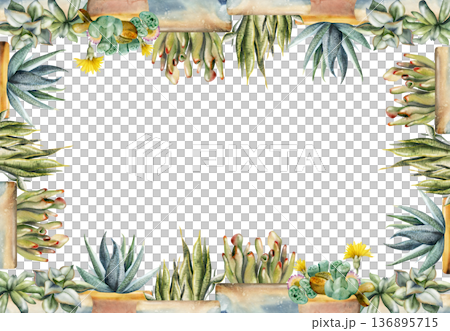 Assorted succulents in ceramic pots, raku terracotta planters. Isolated illustration hand drawn in watercolor. Border frame for wedding stationery, organic product labels, plant care cards, boutiques. 136895715