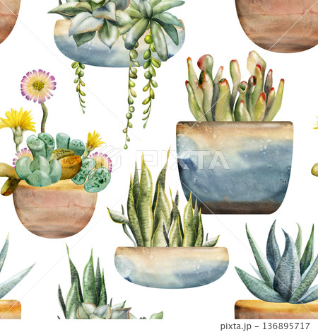 Decorative rosette succulents, houseplants in ceramic containers, raku pottery bowls hand painted in watercolor. Isolated seamless botanical pattern for apparel prints, home textiles, eco merchandise. 136895717