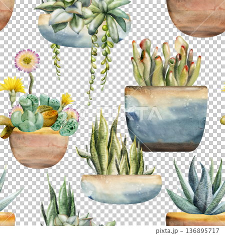 Decorative rosette succulents, houseplants in ceramic containers, raku pottery bowls hand painted in watercolor. Isolated seamless botanical pattern for apparel prints, home textiles, eco merchandise. 136895717