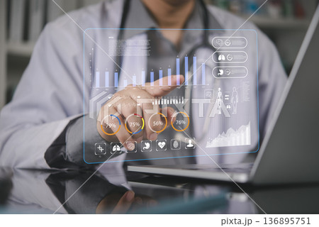 Doctor hand touch virtual interface analyze patient data. Medical healthcare technology innovation. Digital health record chart graph. Futuristic medicine diagnosis hospital concept. EHR system. Doctor hand touch virtual interface analyze patient data. Medical healthcare technology innovation. Digital health record chart graph. Futuristic medicine diagnosis hospital concept. EHR system. 136895751