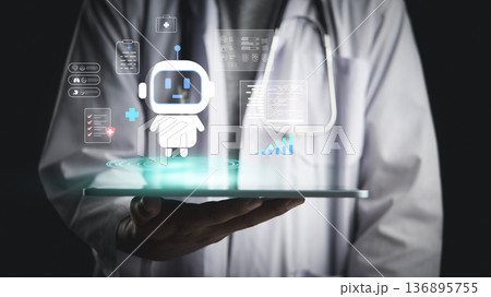 Healthcare medical innovation AI technology concept. Doctor using tablet virtual reality. Robot chatbot assistant analyze patient data. Future digital health telemedicine service medicine automation. 136895755