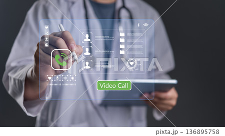 Doctor use virtual interface online consultation. Telemedicine medical technology, video call, remote patient support. Future digital health, hospital service, healthcare app. 136895758