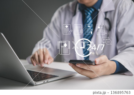 Medical healthcare technology 24/7 support. Doctor virtual screen, online consultation. Telemedicine digital health, patient record, smartphone app. Future hospital service, remote care. 136895763