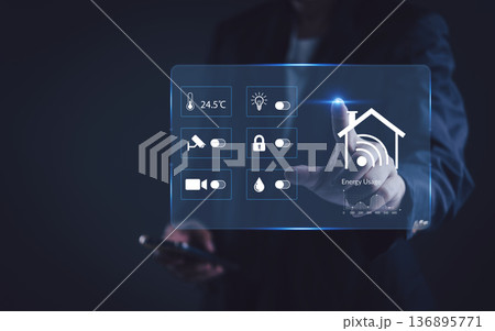 Smart home technology concept. Man control virtual interface dashboard, home automation system. IoT network, security camera, energy usage. Future house, digital technology, remote control. 136895771