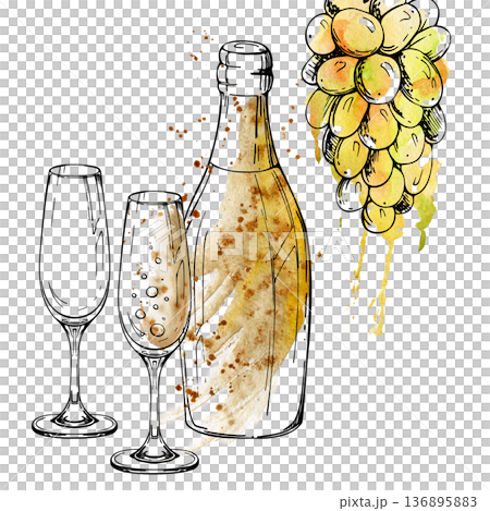 Sparkling wine bottle and tall flute glass, hanging muscat grape bunch. Isolated illustration hand drawn in watercolor and ink for event posters, wedding graphics, luxury packaging, party invitations Sparkling wine bottle and tall flute glass, hanging muscat grape bunch. Isolated illustration hand drawn in watercolor and ink for event posters, wedding graphics, luxury packaging, party invitations 136895883
