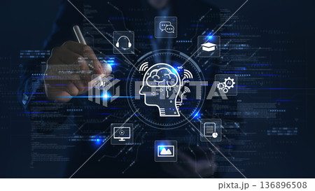 Man touching virtual screen with AI, machine learning icons. Chatbot, NLP, data automation technology for business. Digital brain concept futuristic development and artificial intelligence solutions. Man touching virtual screen with AI, machine learning icons. Chatbot, NLP, data automation technology for business. Digital brain concept futuristic development and artificial intelligence solutions. 136896508
