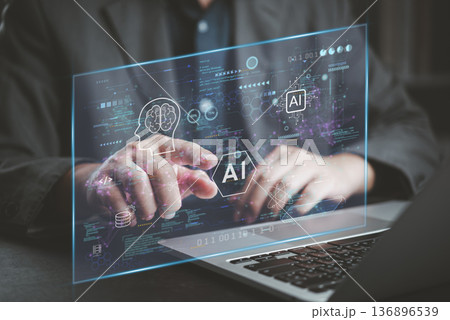 Man coding AI laptop with futuristic virtual dashboard. Analyzing data, developing software with machine learning and neural network icons. Digital transformation and deep learning technology concept. 136896539
