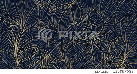 Elegant gold line floral pattern, leaves, botanical elements dark background. Luxury vector illustration, Art Deco, Nouveau, Japanese ornament, vintage aesthetic, wallpapers, wedding card. Elegant gold line floral pattern, leaves, botanical elements dark background. Luxury vector illustration, Art Deco, Nouveau, Japanese ornament, vintage aesthetic, wallpapers, wedding card. 136897085