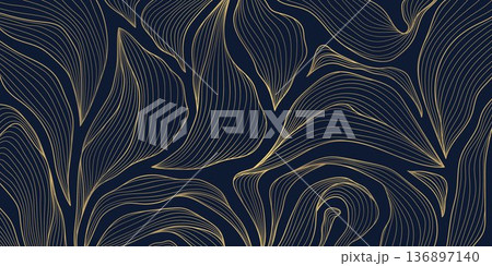 Elegant gold line floral pattern, leaves, botanical elements dark background. Luxury vector illustration, Art Deco, Nouveau, Japanese ornament, vintage aesthetic, wallpapers, wedding card. 136897140