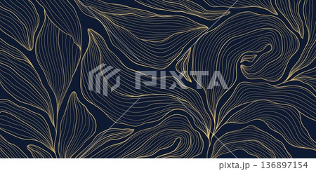 Elegant gold line floral pattern, leaves, botanical elements dark background. Luxury vector illustration, Art Deco, Nouveau, Japanese ornament, vintage aesthetic, wallpapers, wedding card. 136897154