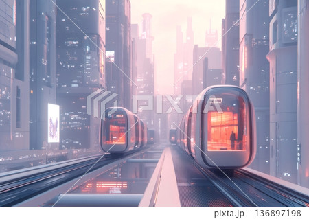 Futuristic monorail trains run on elevated tracks through a modern city with tall buildings, representing advanced urban transport 136897198