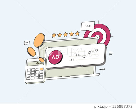 Digital advertising analytics dashboard, marketing performance metrics, conversion growth chart and target strategy elements, Digital advertising metrics modern flat business UI, vector illustration 136897372