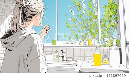 洗面所で朝の歯磨きをする若い女性