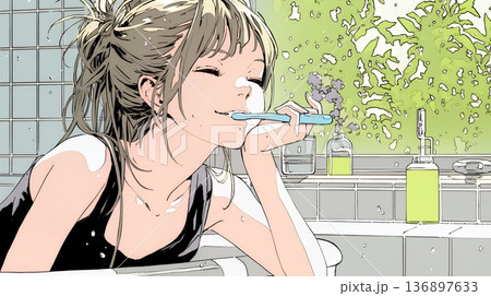 洗面所で朝の歯磨きをする若い女性