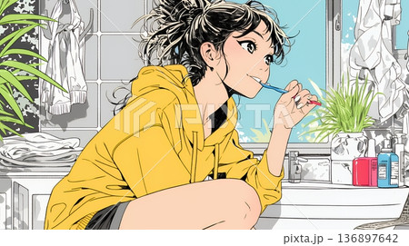 洗面所で朝の歯磨きをする若い女性
