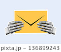 Two hands holding a yellow envelope., halftone collage. Modern vector illustration. Postal and text communication concept for design. 136899243