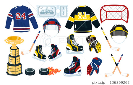 Cute Ice hockey sport equipment clipart collection 136899262