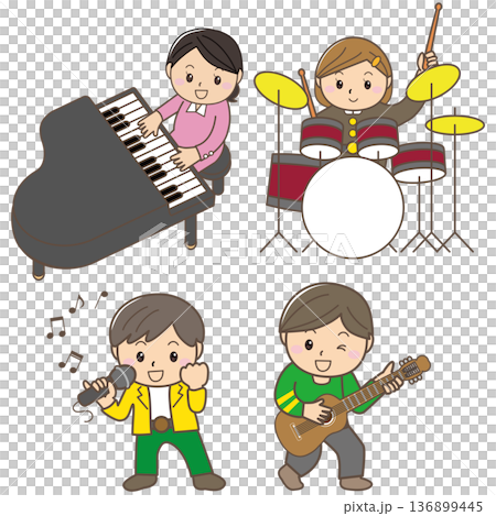明るい子どもミュージックバンドイラスト（ピアノ・ドラム・ギター・ボーカル） 136899445