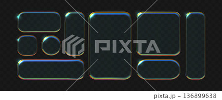 Liquid glass frames and buttons set isolated on transparent background. Liquid glass frames and buttons set isolated on transparent background. 136899638