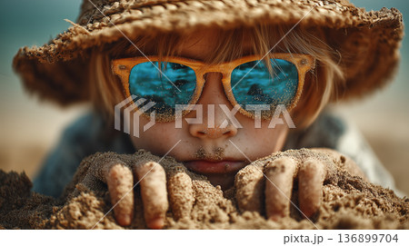 Child wearing sunglasses playing with sand on sunny beach, close-up summer vacation concept 136899704
