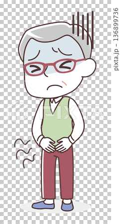 Illustration of a senior man suffering from lower abdominal pain 136899736