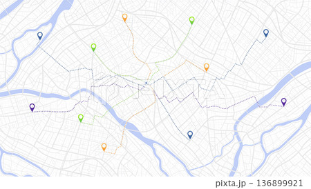 Multiple destinations. Gps tracking map. Track navigation pins on street maps, navigate mapping technology and locate position pin. Futuristic travel gps map or location navigator vector illustration 136899921