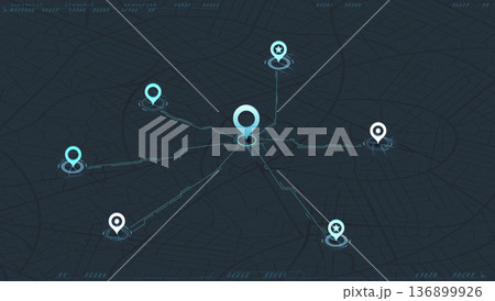 Abstract navigation through multiple POI. Online location tracking with arrival time data on city map. City map in blue and dark colors. Vector illustration Abstract navigation through multiple POI. Online location tracking with arrival time data on city map. City map in blue and dark colors. Vector illustration 136899926