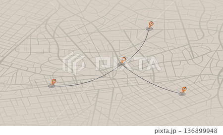 Multiple destinations. Gps tracking map. Track navigation pins on street maps, navigate mapping technology and locate position pin. Futuristic travel gps map or location navigator vector illustration Multiple destinations. Gps tracking map. Track navigation pins on street maps, navigate mapping technology and locate position pin. Futuristic travel gps map or location navigator vector illustration 136899948