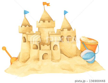 Watercolor Sandcastle on a Beach. Watercolor Sandcastle on a Beach. 136900448