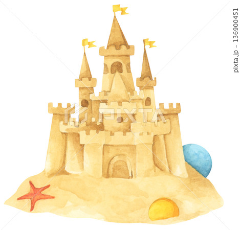 Watercolor Sandcastle on a Beach. 136900451