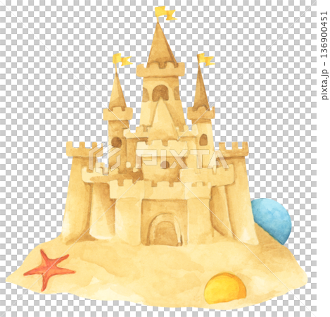 Watercolor Sandcastle on a Beach. 136900451