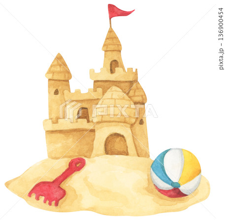 Watercolor Sandcastle on a Beach. 136900454