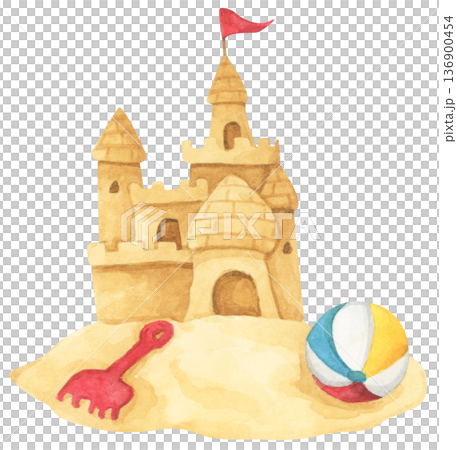 Watercolor Sandcastle on a Beach. 136900454