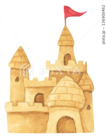 Watercolor Sandcastle on a Beach. 136900462