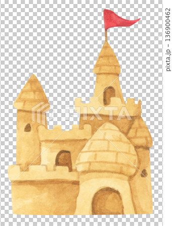 Watercolor Sandcastle on a Beach. 136900462
