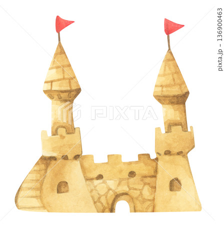 Watercolor Sandcastle on a Beach. 136900463