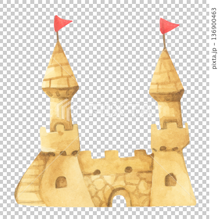 Watercolor Sandcastle on a Beach. 136900463