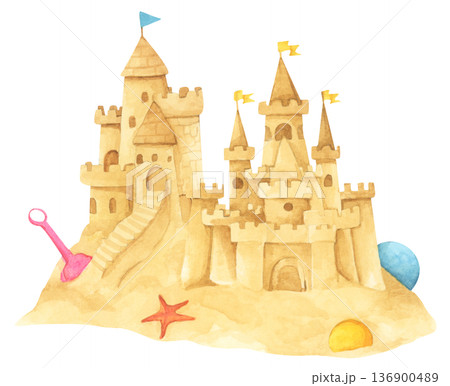 Watercolor Sandcastle on a Beach. Watercolor Sandcastle on a Beach. 136900489