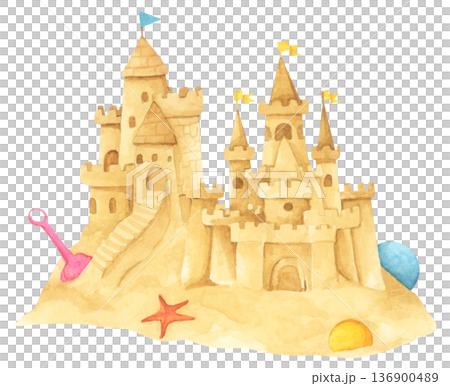Watercolor Sandcastle on a Beach. Watercolor Sandcastle on a Beach. 136900489
